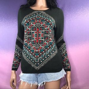 J CREW Dark Green Embroidered boho Sweater